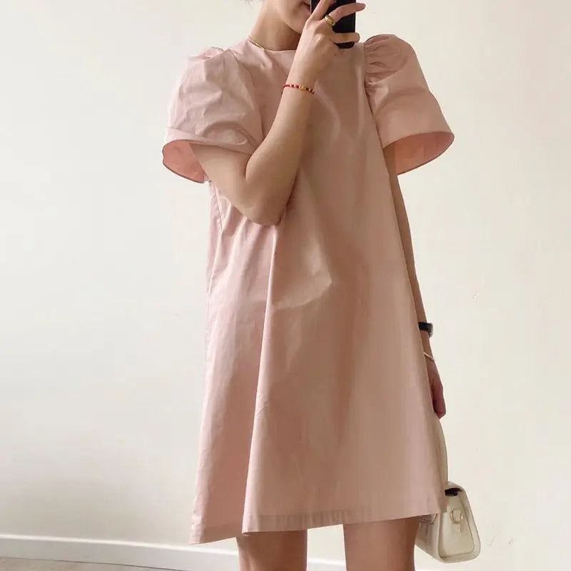Summer Women Sundress Mini Pleated Puff Sleeve Dress