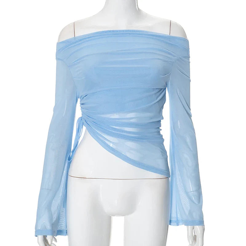 Solid Color Long Sleeve One Shoulder Mesh Top for Women - Stylish See Through Pleated Casual Autumn T-Shirt