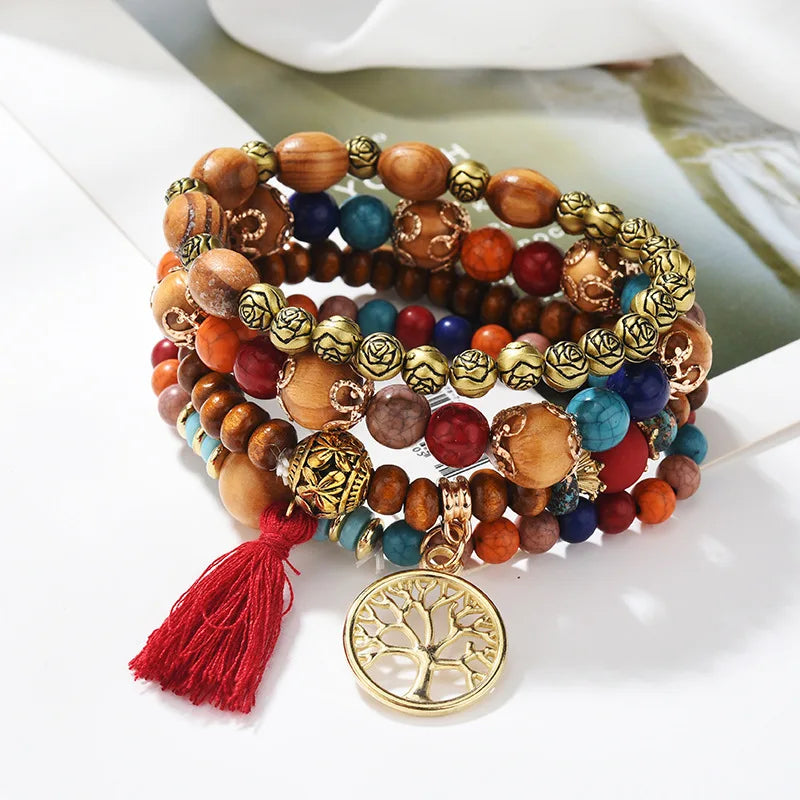 4Pcs Bohemian Tree Of Life Beaded Bracelet Set For Women Handmade Wood Beads Boho Jewelry