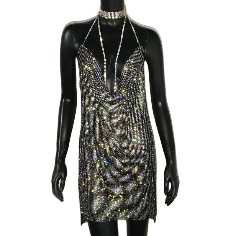 Sequin Rhinestone Backless Mini Dress For Nightclub Party