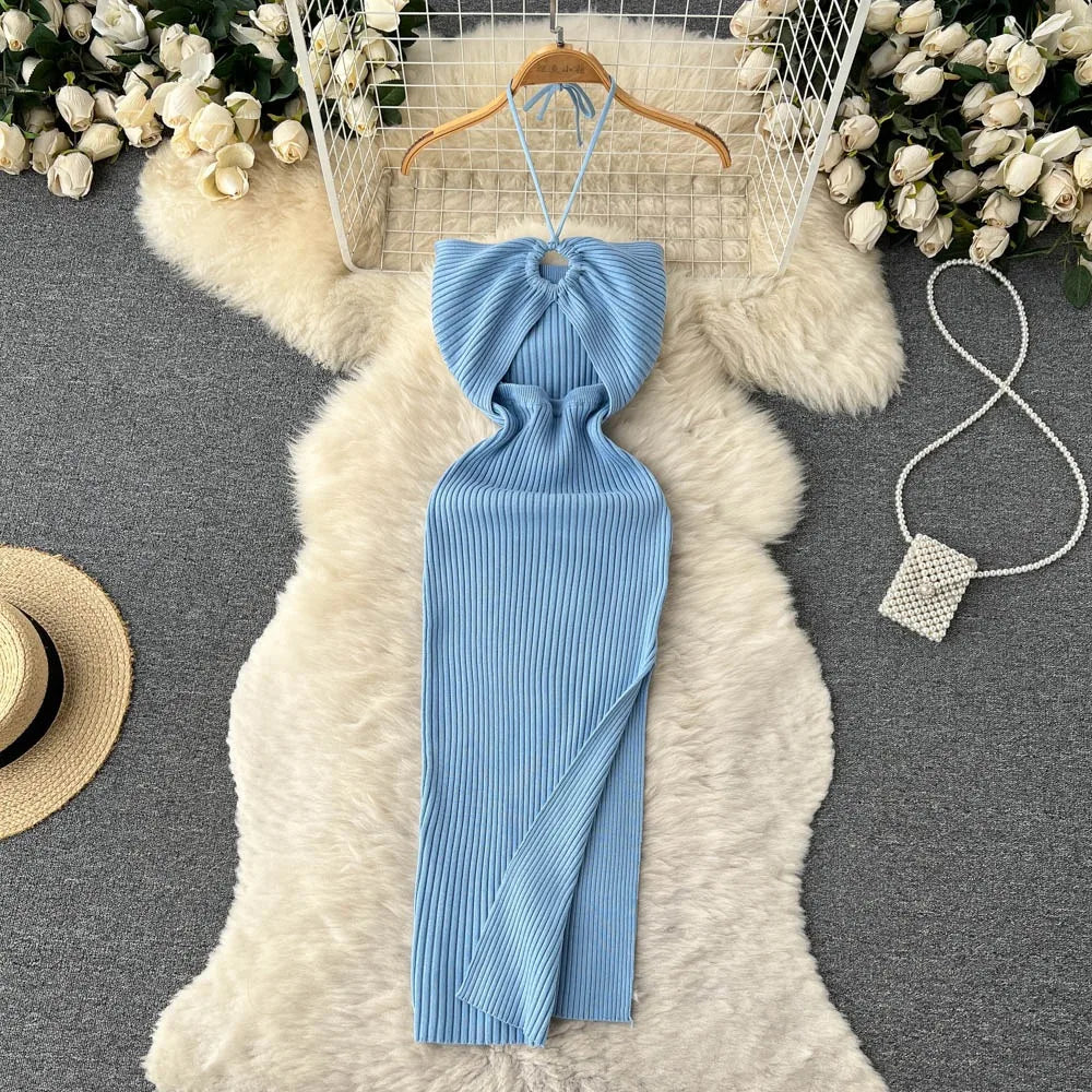 Sexy Knitted Bodycon Dress Women Split Design Party