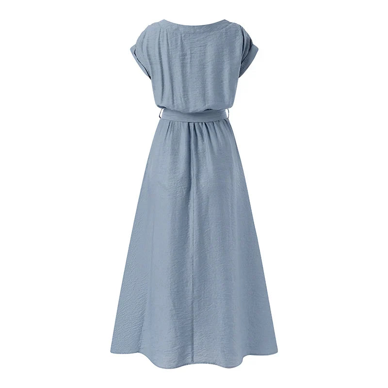 Boho Midi Summer Dress With Short Sleeves And Belt Included