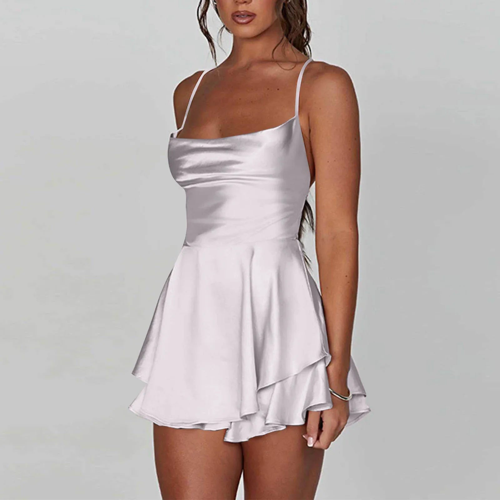 Backless Satin Party Dress With Cowl Neck Spaghetti Straps