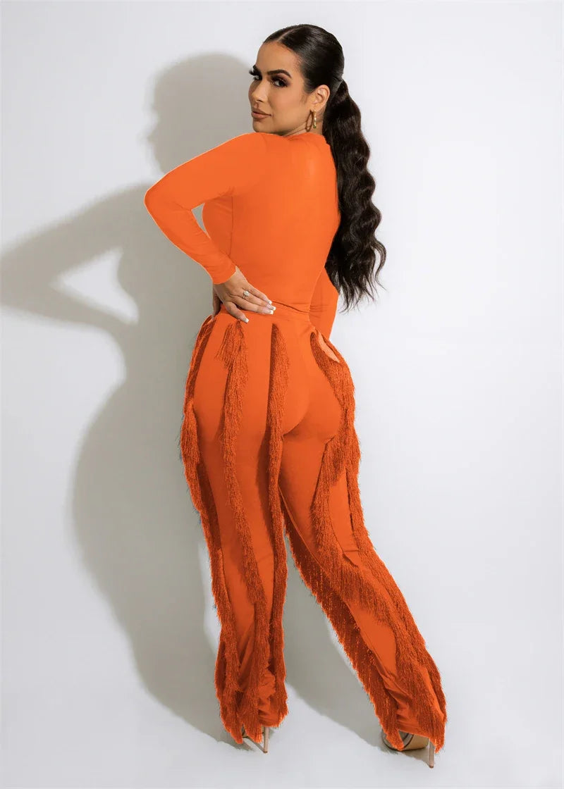 Elegant 2 Piece Women's Outfit Long Sleeve Bodysuit Top and Tassel Pants Set for Autumn Winter