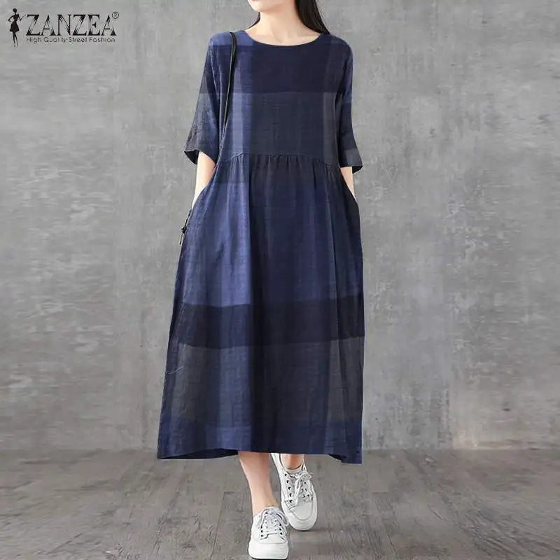 Cotton Linen Plaid Midi Sundress With Pockets O Neck