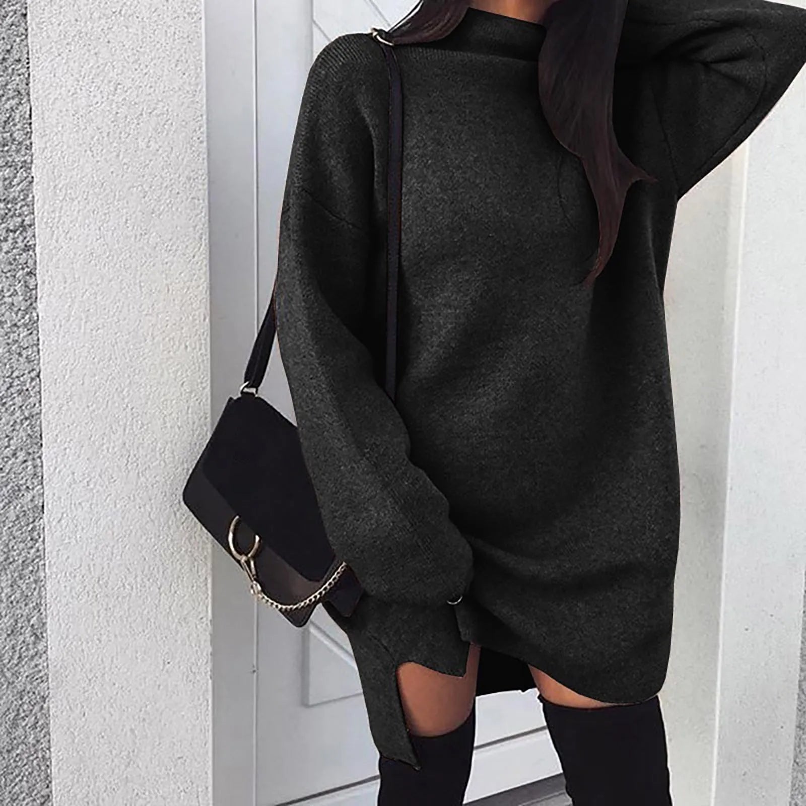 Oversized Knit Dress Turtleneck Long Sleeve Solid Color