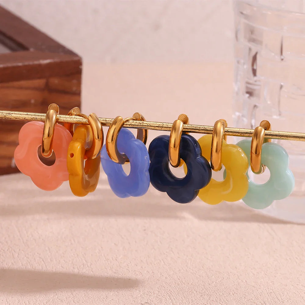 Colorful Resin Flower Drop Earrings for Women in Waterproof Stainless Steel Hoops