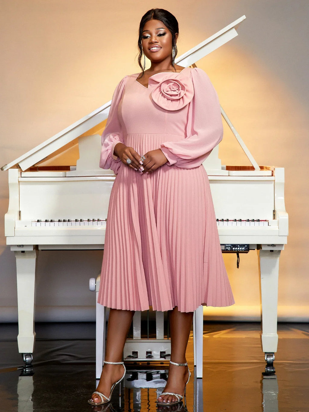 Pink Pleated Church Dress With 3D Rose For Wedding Guest