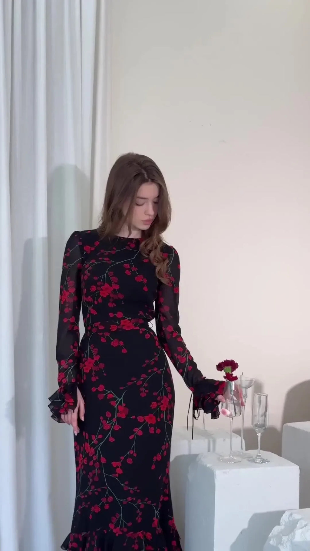 French Floral Printed Evening Dress For Women Slim Fit White