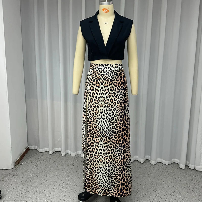 Women Two Piece Set Sleeveless V Neck Single Button Tank Top with A Line Slit Printed Long Skirt Elegant Summer Outfit