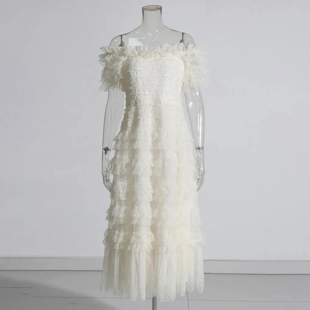 Patchwork Mesh Dress For Women High Waist Ruffled Casual