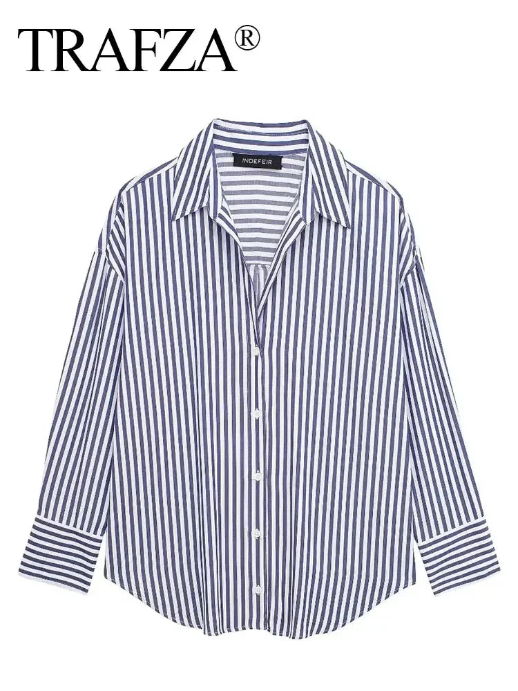 Women's Casual Striped Single Breasted Long Sleeve Lapel Blouse Elegant Solid Color Office Shirt Chic Top