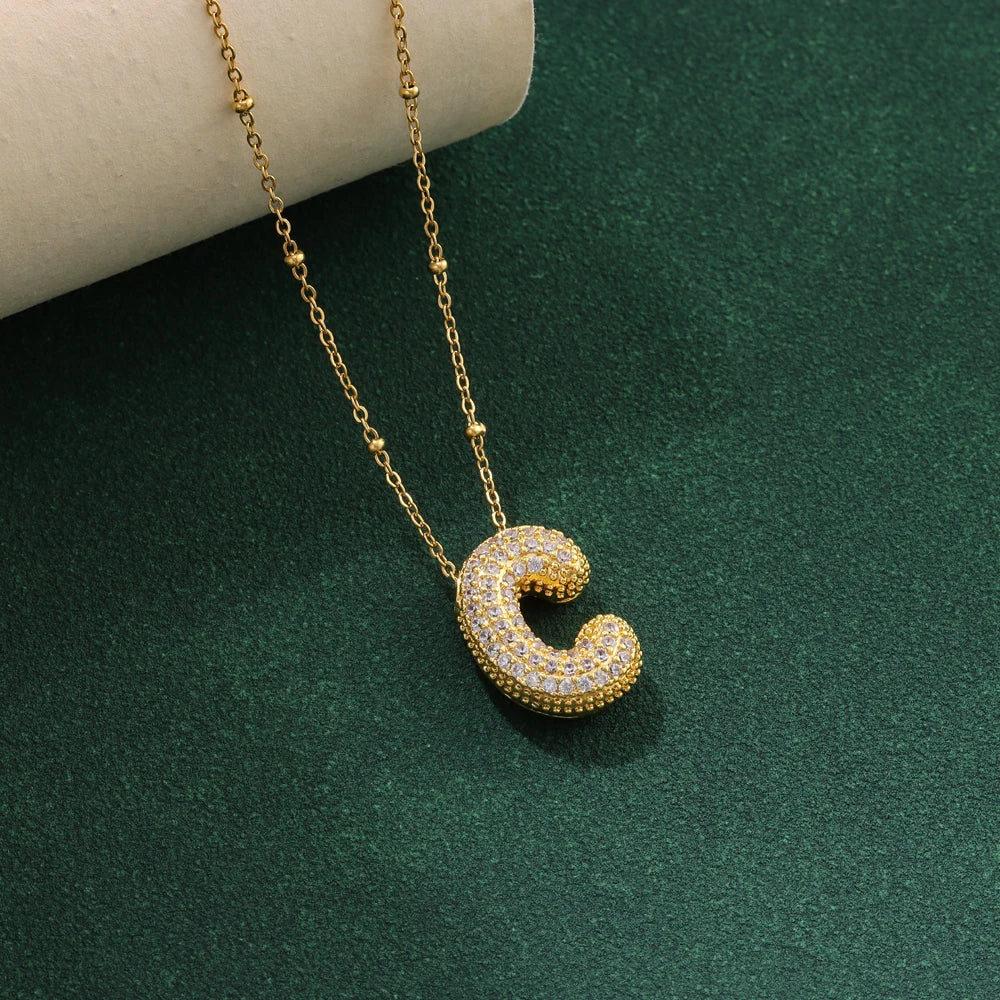 Luxury Zircon Crystal Initial Necklace for Women Stainless Steel Choker Chain Jewelry