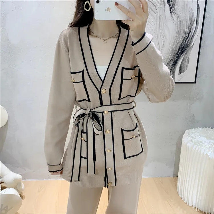 Autumn Elegant Two Piece Trouser Suit for Office Ladies with Long Sleeve Coat and Casual Wide Leg Trousers Set