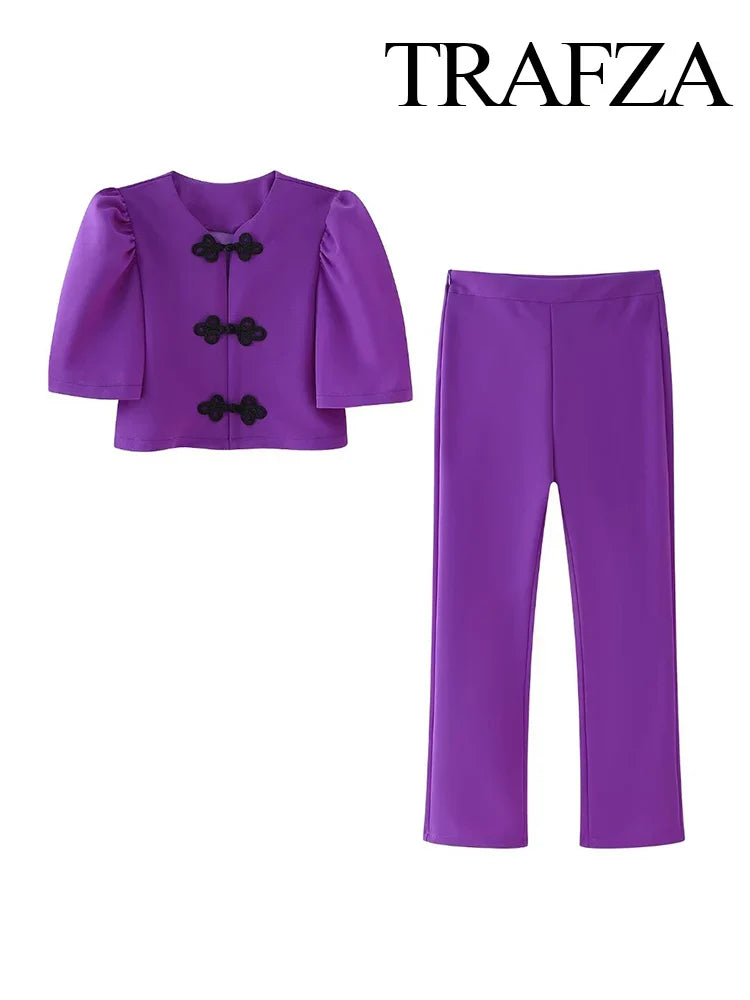 Women's Summer 2-Piece Set Solid Color Puff Sleeve Shirt and Zipper Mid-Rise Street Pants