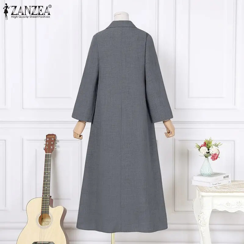 Women Long Sleeve Maxi Dress Office Casual Solid A Line