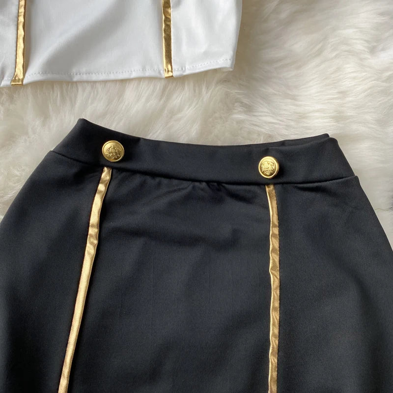 Women Sexy Lace Patchwork Hollow Skirt Suit Set with Turn-Down Collar Top Mini Skirt and Underpants 3-Piece Erotic Pajamas for Cosplay