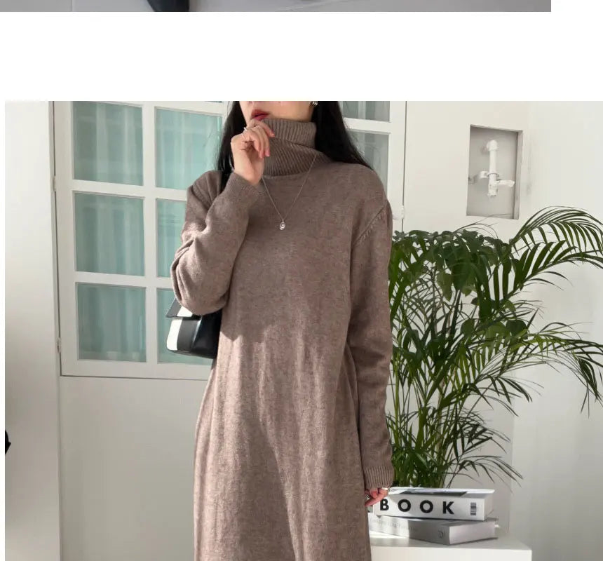 Cozy Turtleneck Sweater Dress For Women Knitted Long Sleeve