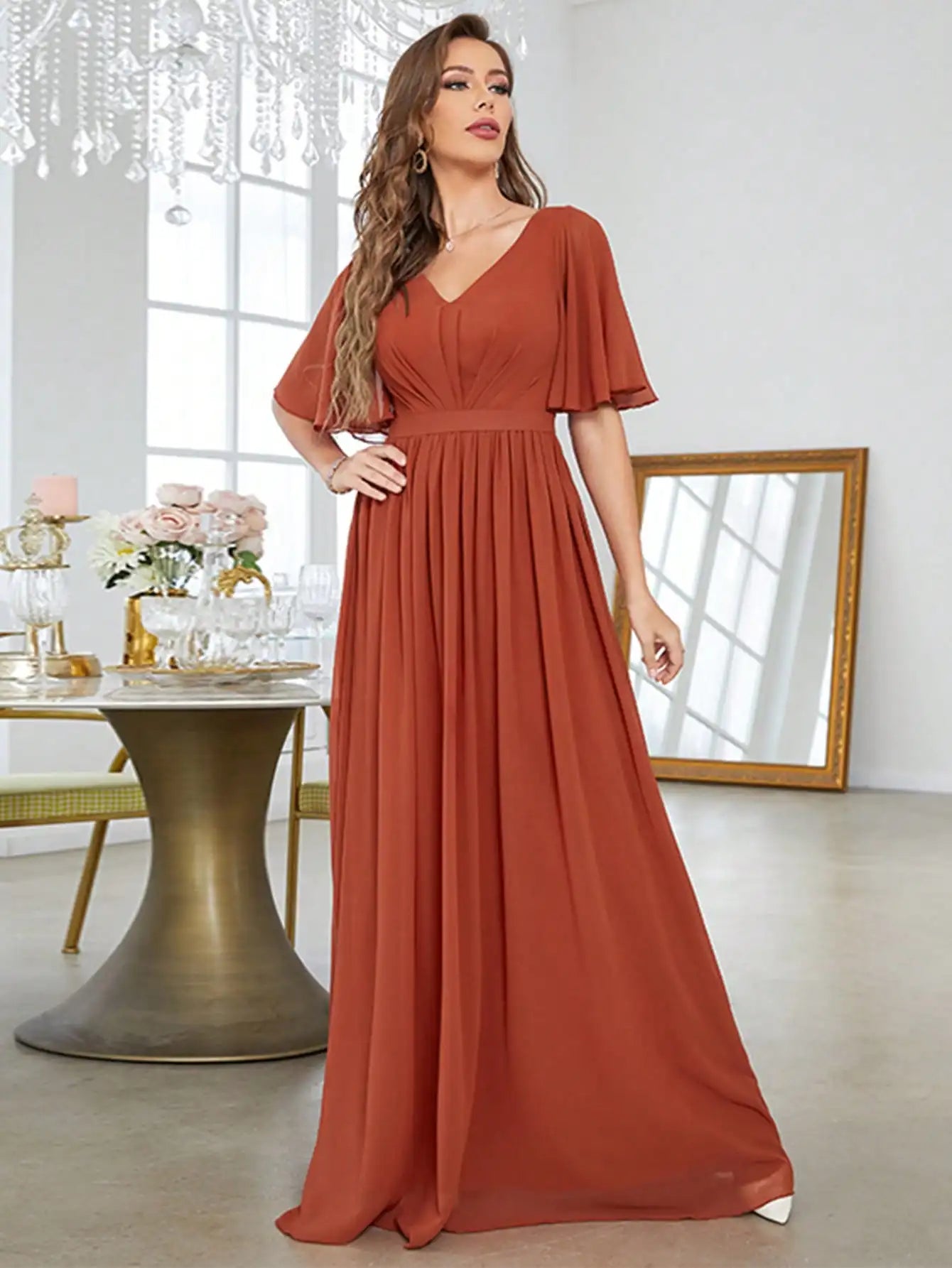 V Neck Flared Short Sleeve Lightweight Chiffon Dress