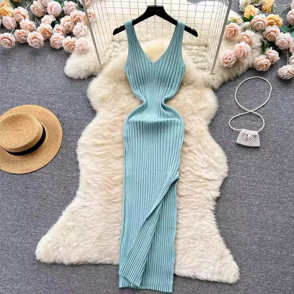 V Neck Knitted Bodycon Dress Solid Casual Elegant Wear