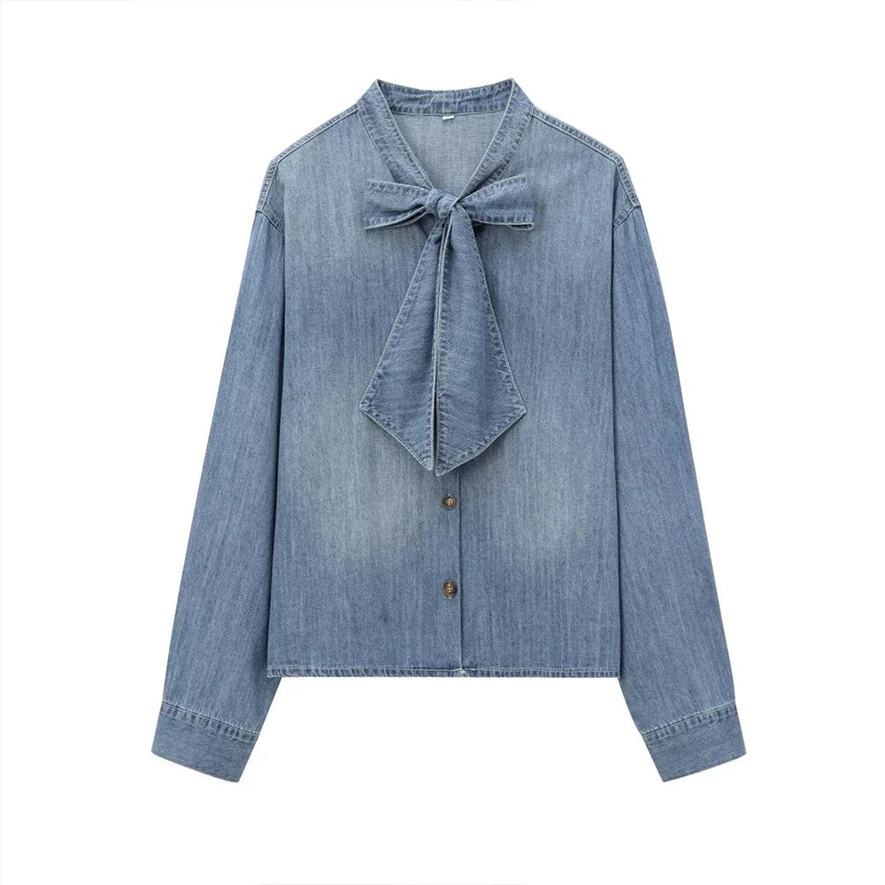 Women's Blue Denim Shirt With Stand Collar Bow Detail Single Breasted Long Sleeve Loose Fit Sweet Solid Casual Top