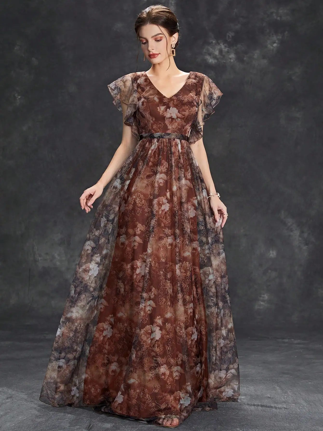 V Neck Lace Patchwork Evening Gown With Ruffled Sleeves
