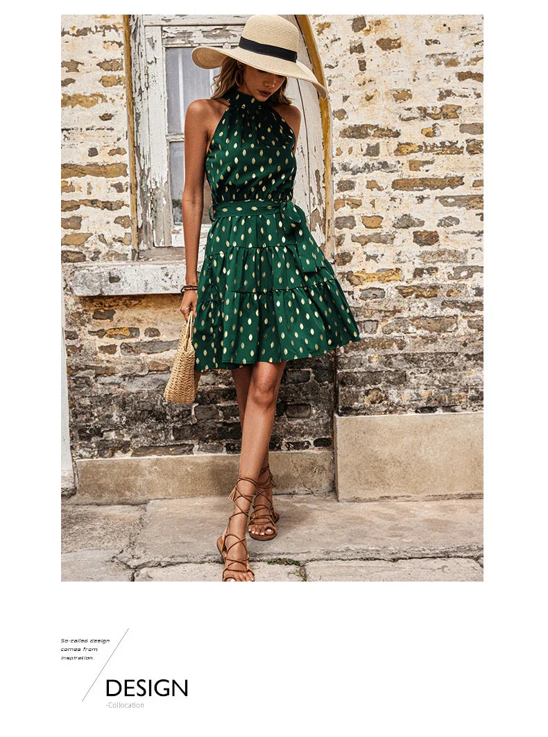 Sleeveless Dot Print Midi Dress With A Line Silhouette