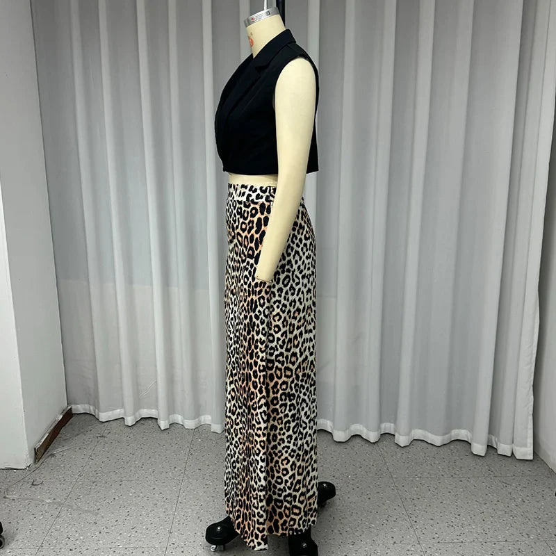 Women Two Piece Set Sleeveless V Neck Single Button Tank Top with A Line Slit Printed Long Skirt Elegant Summer Outfit