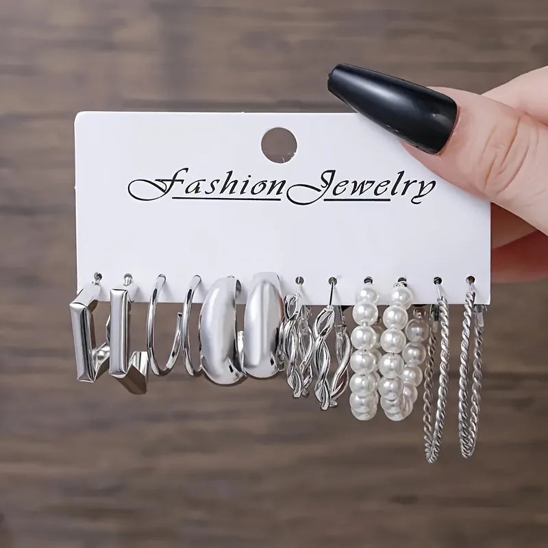 Vintage Silver Y2K Pearl Earrings Set with Round & Square Geometry Hoops for Women