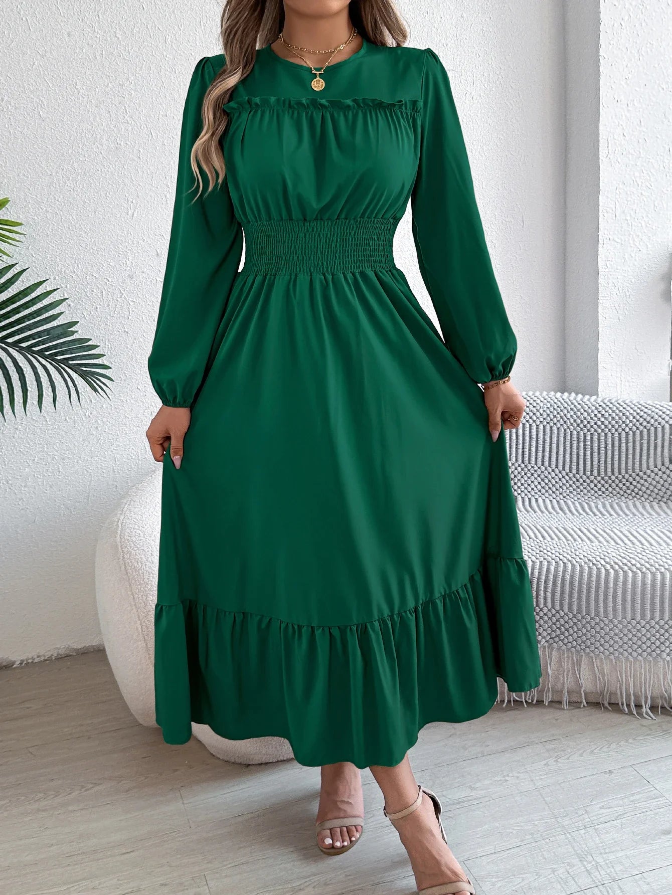 Elegant Long Sleeve Dress With Cinched Waist Solid Color