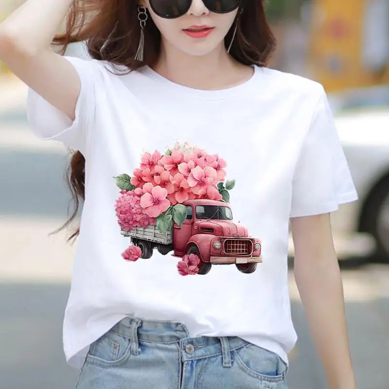 Women's Cute Floral Graphic T-Shirt Casual Short Sleeve Tee 90s Trendy Print Top