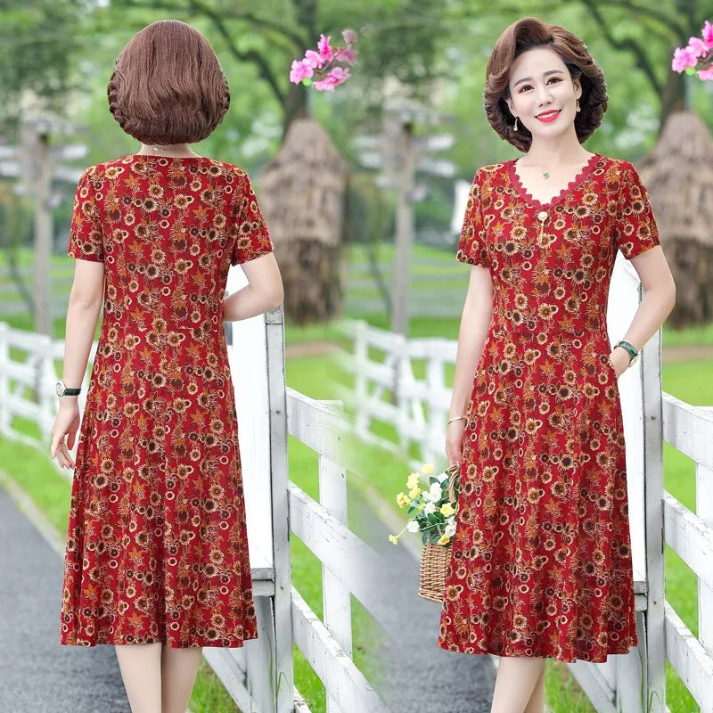 Bohemian Summer Dress With V Neck Print Vintage Midi