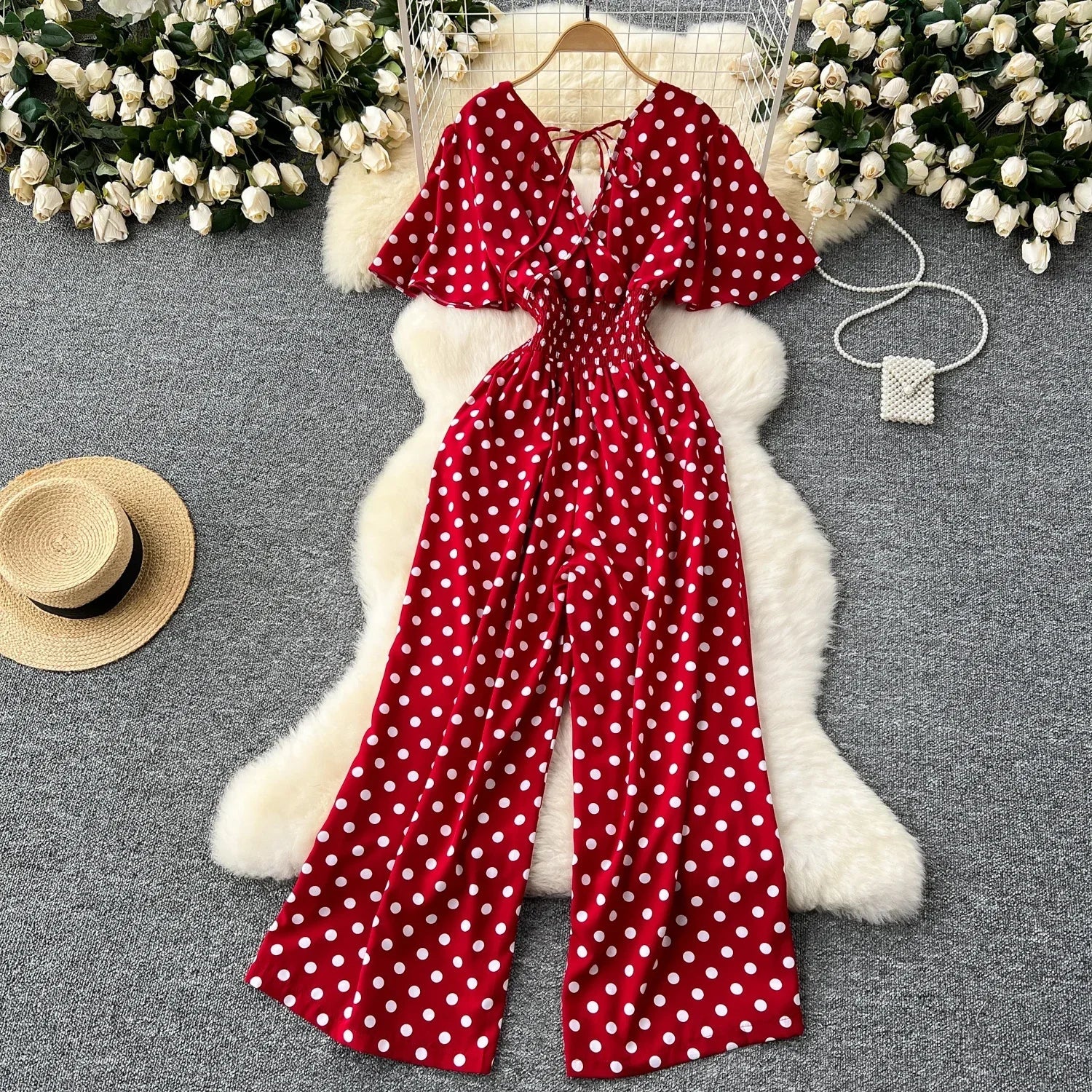 Elegant Polka Dot Romper for Women V-Neck Short Sleeve High Waist Wide Leg Jumpsuit Loose Fit Summer Playsuit