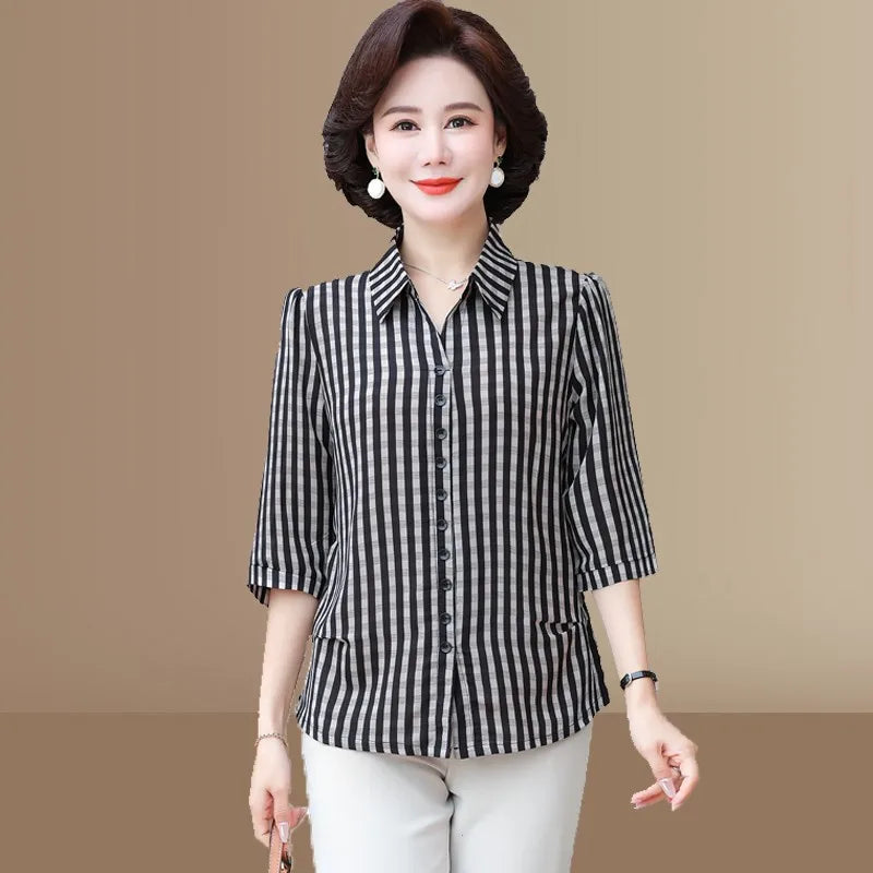 Elegant Plaid Print Loose Fit Button Down Shirt for Women with Turn Down Collar and Casual Half Sleeves Versatile Ladies Blouse Top for Everyday Wear