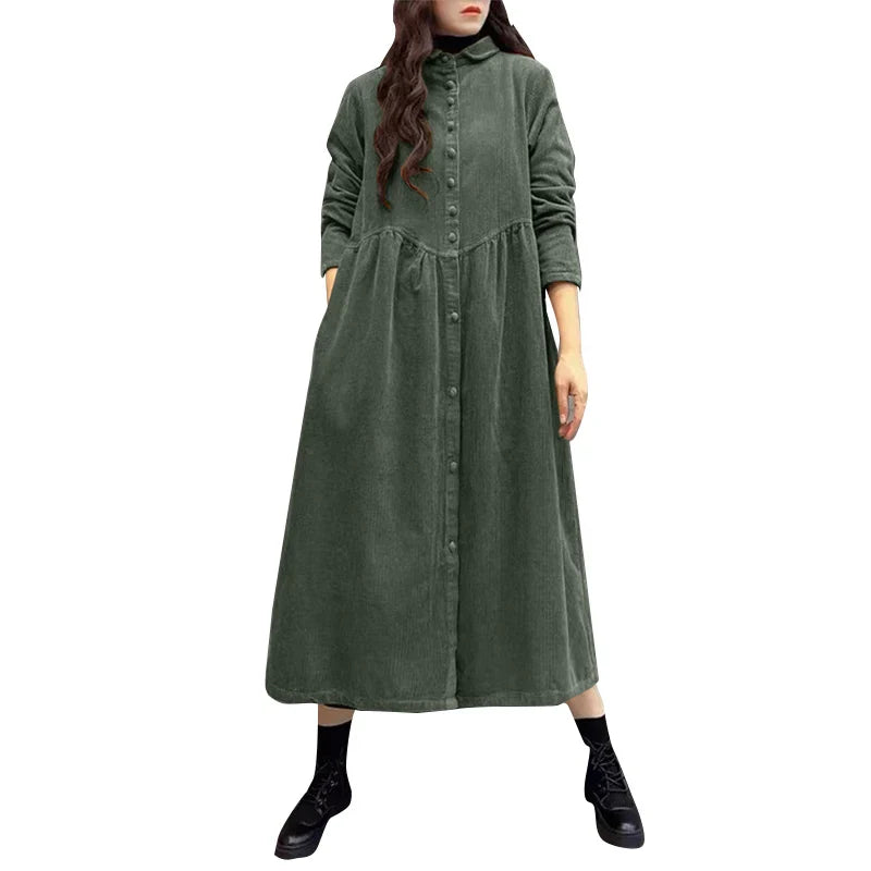 Women Autumn Corduroy Dress With Button Front And Pockets