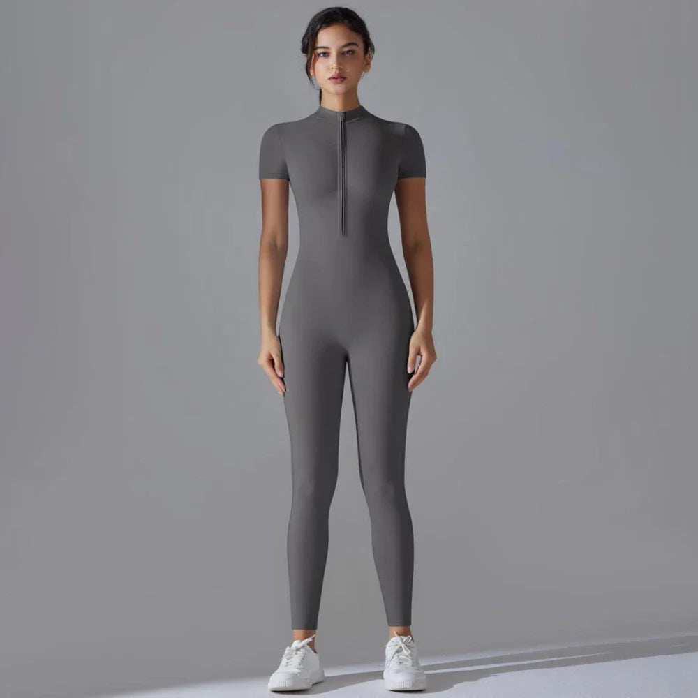 Womens Short Sleeve Yoga Jumpsuit Slim Fit Stretch One Piece Romper with Front Zipper Sexy Fitness Activewear Basic Sportwear in Black