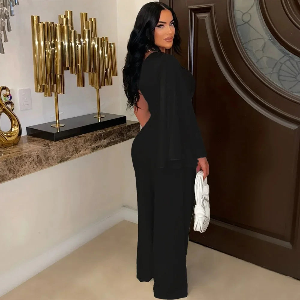 Women's Ruched One Shoulder Sleeve Crop Top and Wide Leg Pants Two Piece Set Outfit