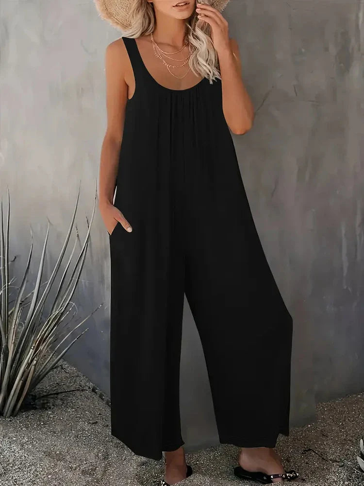 Loose Solid Color Wide Leg Jumpsuit with Sleeveless Scoop Neck Pockets Summer Casual Comfortable Pullover Romper for Women