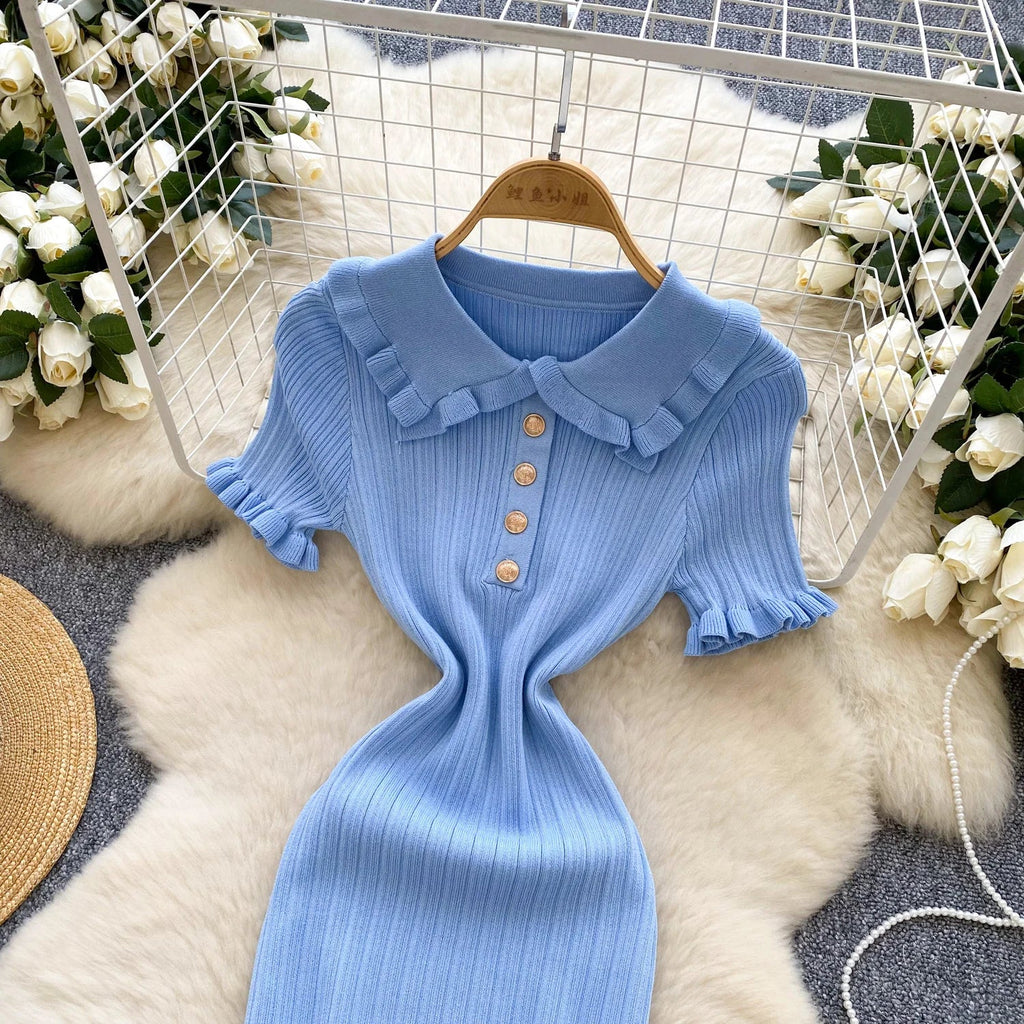 Ruffles Knit Wrap Dress For Women Summer Short Sleeve Casual