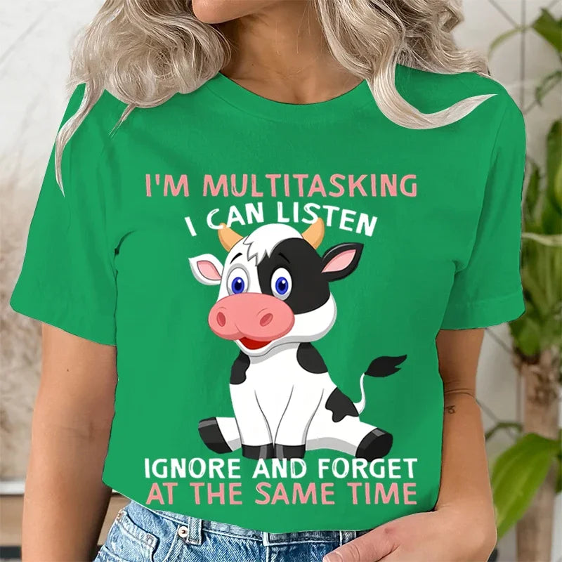 Cute Cow Print Short Sleeve Women's T-Shirt I'm Multitasking Casual Crew Neck Summer Top