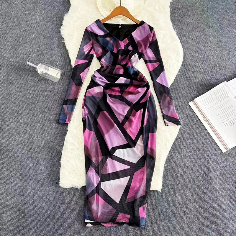 Mesh Print Maxi Dress With V Neck Full Sleeve Bodycon