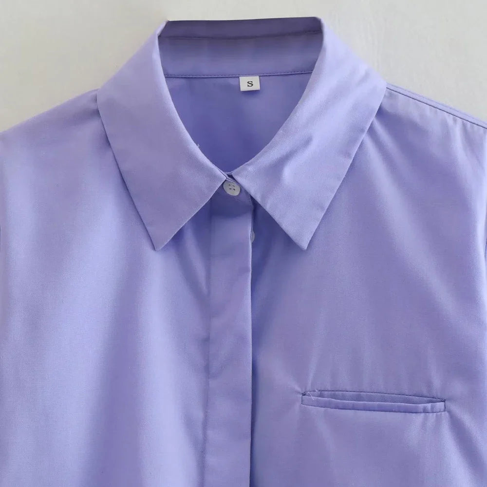 Women's Vintage Loose Cropped Shirt Long Sleeve Front Button Blouse Chic Casual Top