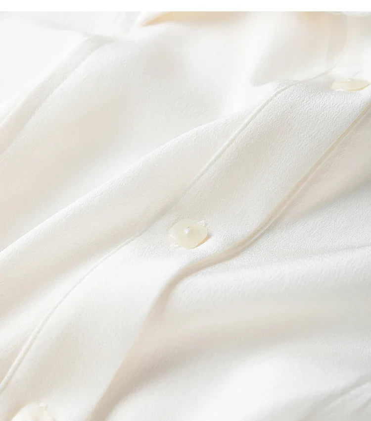 Women 100 Percent Mulberry Crepe Silk White Blouse Lantern Sleeves Bow-Tie Hem Loose Fit Office Top