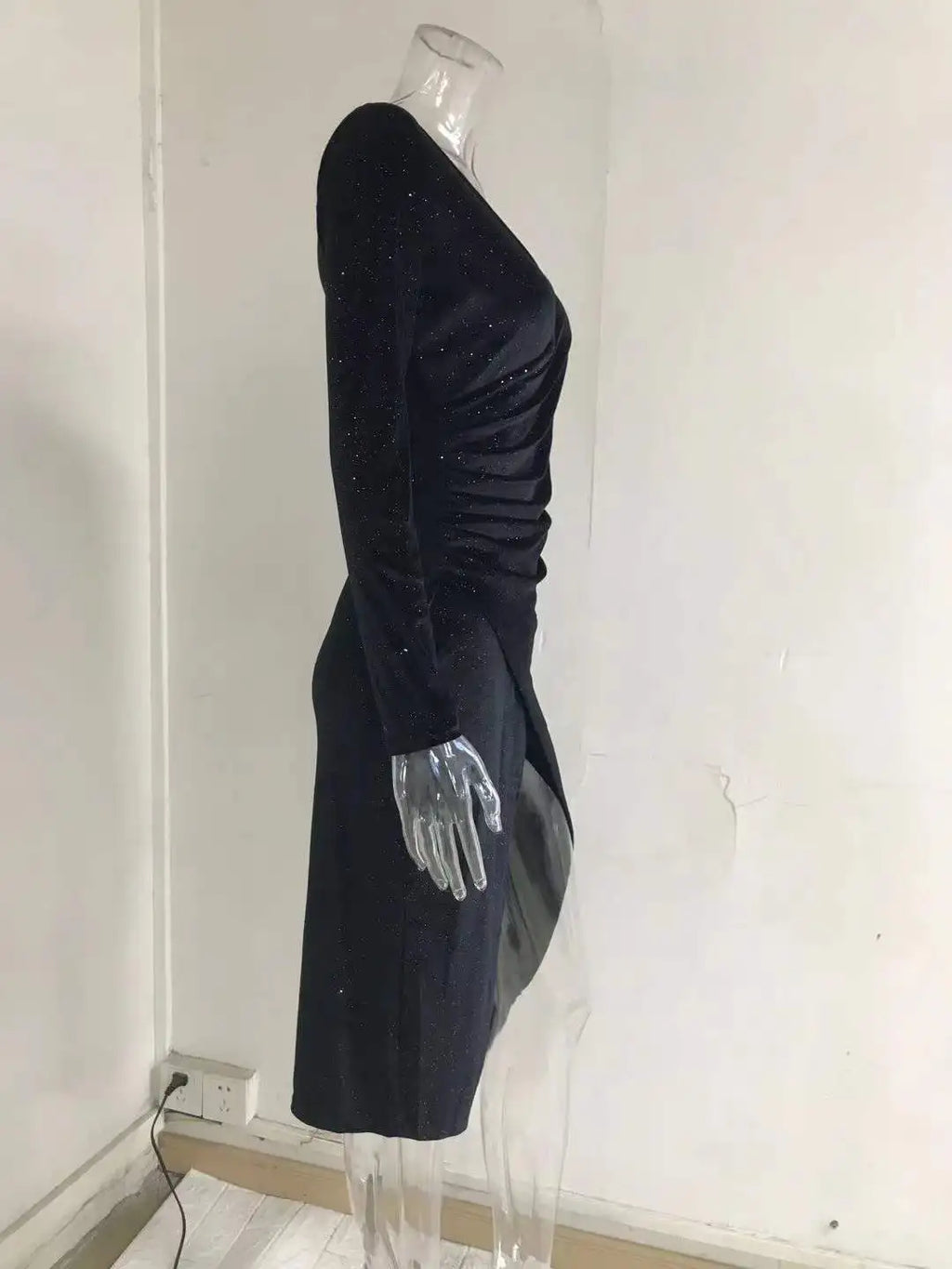 Golden Velvet Nightclub Dress Open Leg Long Sleeve Gown