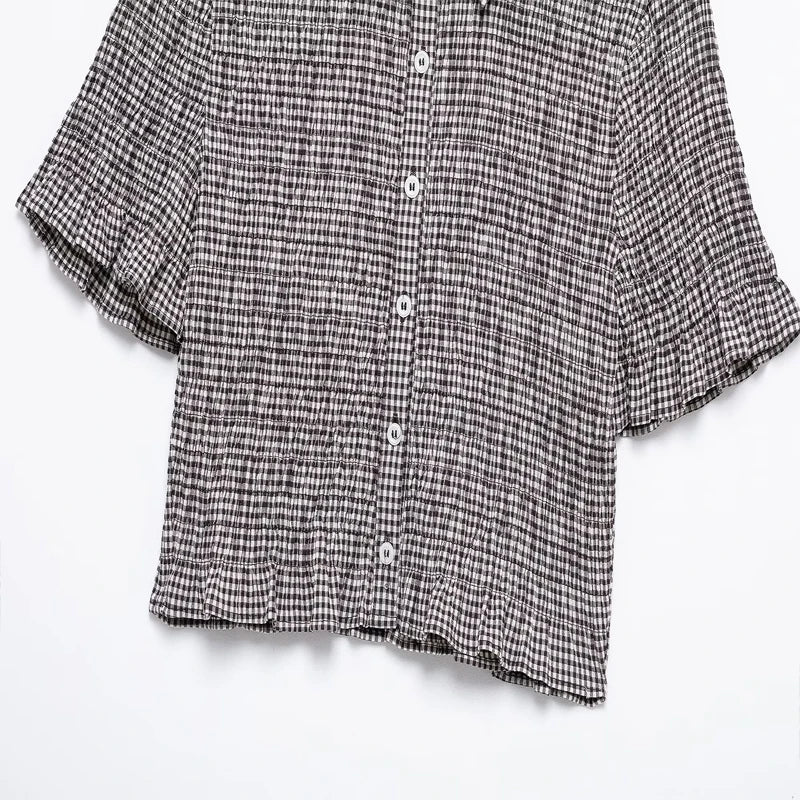 Women's Casual Plaid Short Sleeve Shirt Single Breasted Vintage Chic Button-Up Top