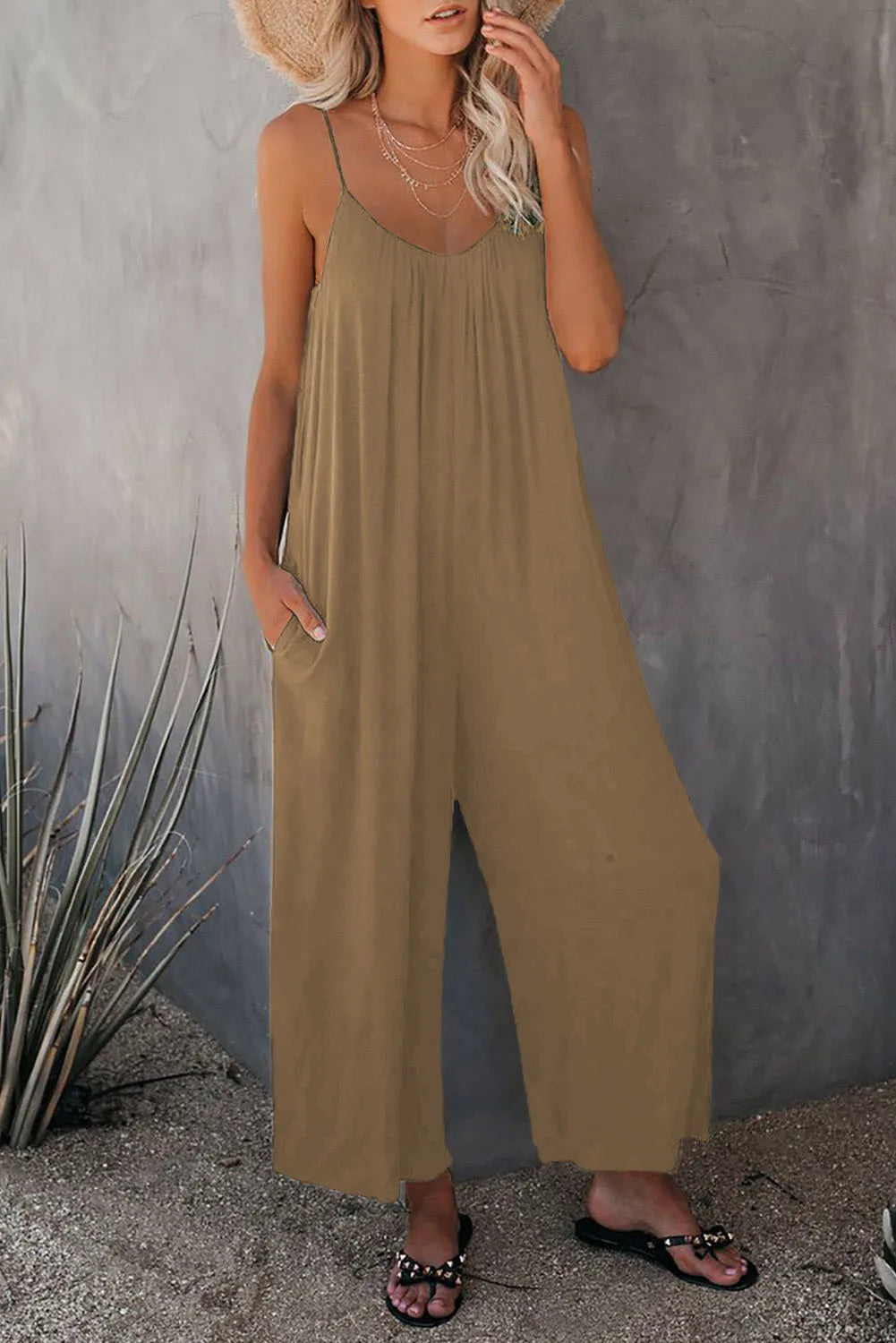 Women's Summer Strap Jumpsuit with Solid Color Design and Convenient Side Pockets Casual Lightweight Romper