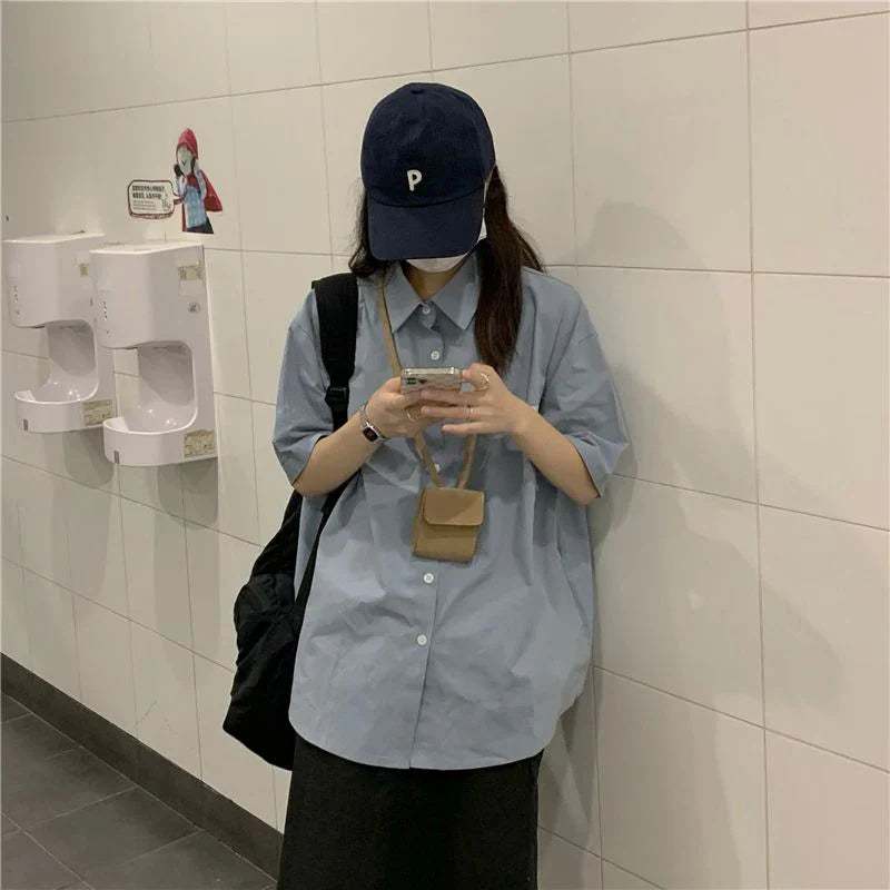 Elegant White Short Sleeve Button-Up Shirt for Women Casual Loose Fit College Style Student Top