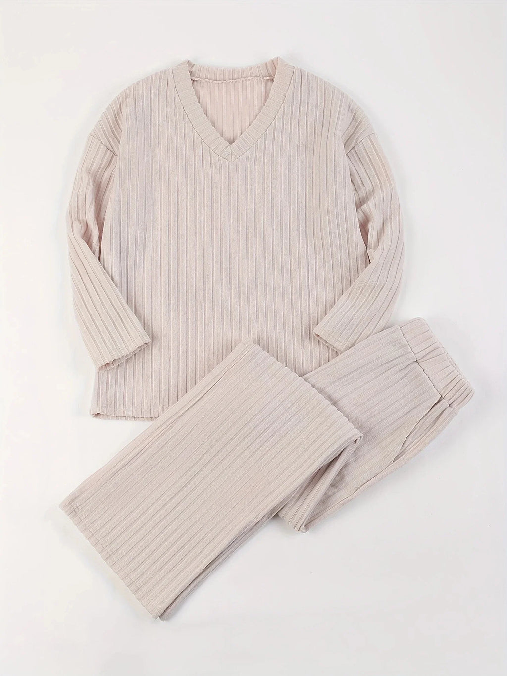 Autumn Winter Loose Casual V Neck Striped Knitted Two-Piece Set with Long Sleeve Top and Straight Tube Pants