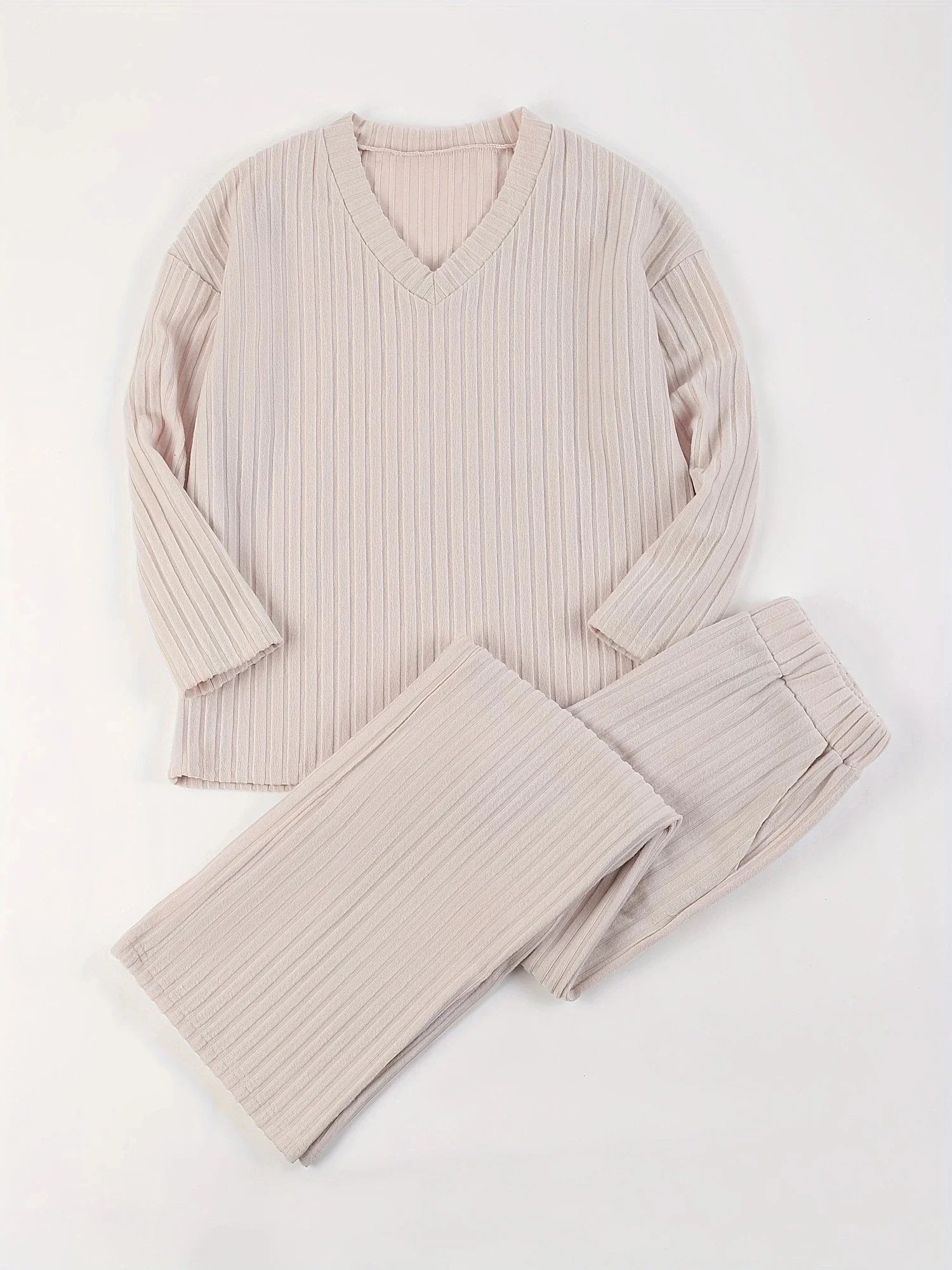 Autumn Winter Loose Casual V Neck Striped Knitted Two-Piece Set with Long Sleeve Top and Straight Tube Pants