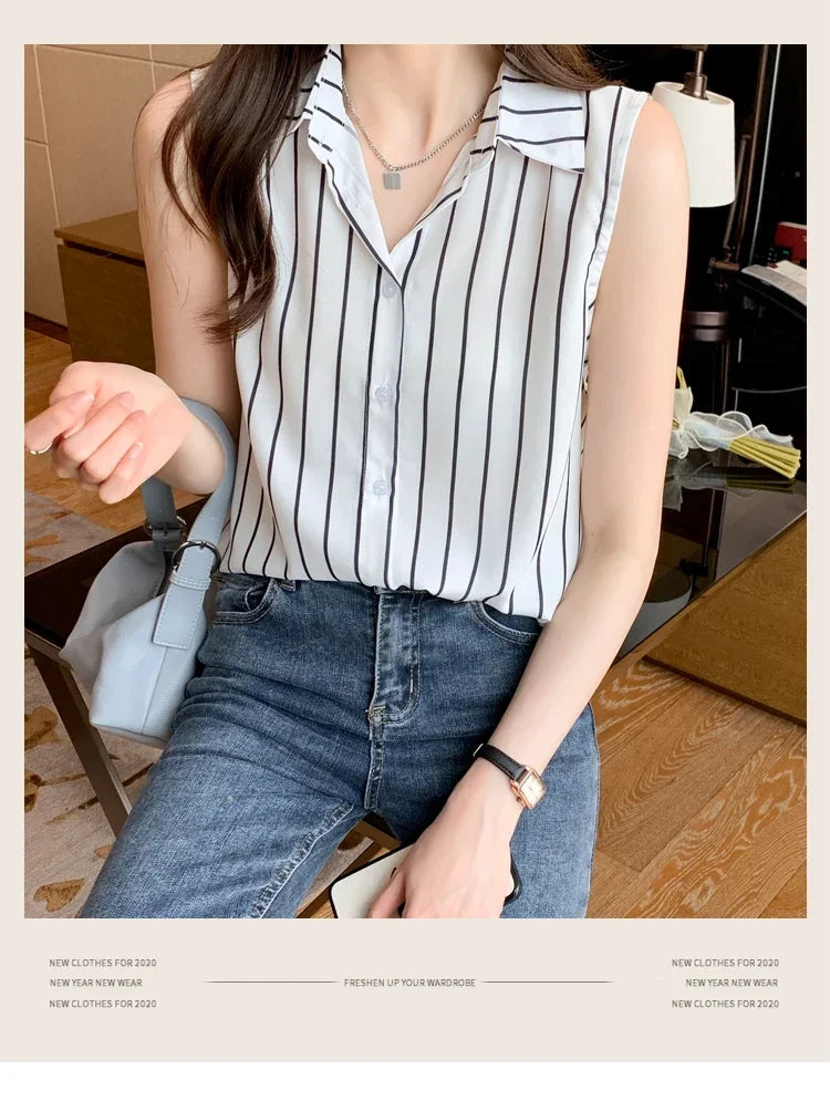 Striped Sleeveless Chiffon Blouse for Women Summer Vest Casual Lightweight Tops Basic White Shirt